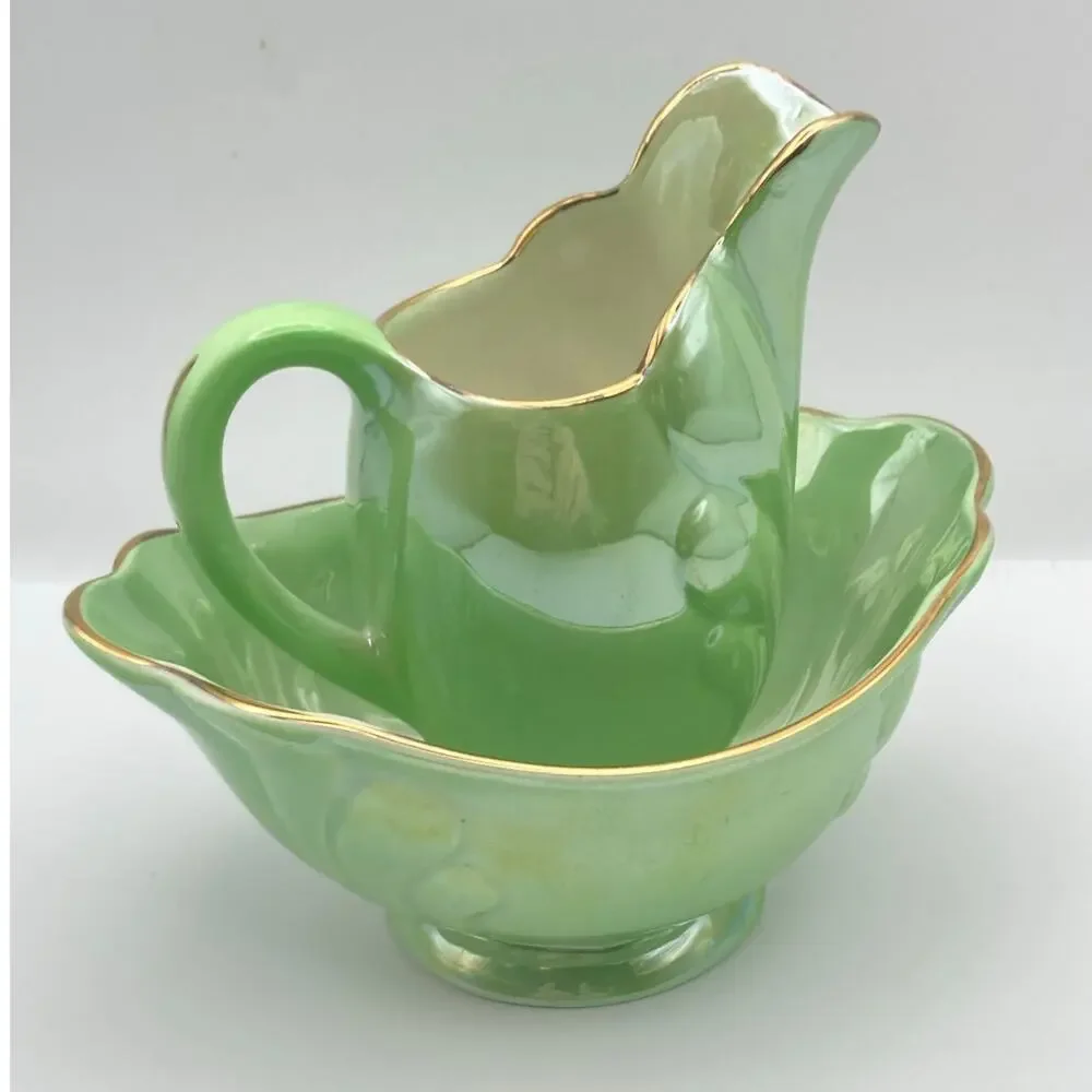 Vintage Maling Pottery Cream Jug & Sugar Bowl Set Green Lusterware Pearlescent